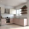 Blush-Toned Kitchen Design With Floating Shelves and Quartz Countertop