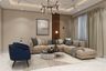 Living Room Design With L-Shaped Beige Sofa and Blue Accent Chairs