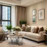 Living Room Design with Beige Sofa and Marble-Top Coffee Table