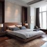 Master bedroom with tall headboard, dual ottomans, and golden ambient lighting