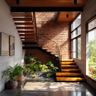 L-Shaped Staircase Design With Wooden Steps and Metal Rails