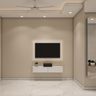 White Modern TV Unit Design with Floating Storage Cabinet and Backlit TV Frame