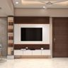Contemporary White TV Unit Design with Striped Wooden Backdrop Panel