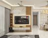 TV Unit Design with Marble Backdrop, Floating Storage Cabinet and Shelves
