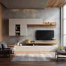 TV unit with mixed open and closed cabinets in a modern, layered design