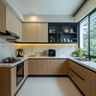 Cream and Teak Contemporary U-Shaped Kitchen