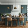 Aqua Blue Island Kitchen Design with Marble Countertop