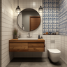 Bathroom Design with Blue and White Tiles and Wood Accents