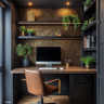 Black Home Office Design with Gold Wallpaper and Leather Chair