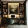 Home Office Design with Study Table and Green Upholstered Chair