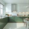 L-Shaped Kitchen Design with Aqua Green and White Finish