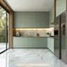 L-Shaped Kitchen Design with Marble Countertops and Green Units