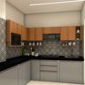 L-Shaped Kitchen Design with Wood Cabinets, Handle-Less Drawers and Patterned Backsplash
