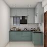 L-Shaped Kitchen Design with Aqua-Blue Cabinets and Marble-Look Backsplash