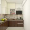 Teak and White L-Shaped Kitchen Design With Moroccan Backsplash, Open Shelves and Granite Countertop