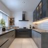 U-Shaped Kitchen Design With Blue Drawers and Wooden Shelves