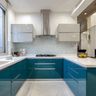 Blue and Grey U-Shaped Kitchen Design with Quartz Countertop and High Gloss Cabinets