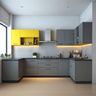 Grey and Yellow U-Shaped Kitchen Design with Overheads and Granite Counter