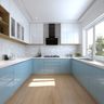 White and Denim Blue U-Shaped Kitchen Design with Wooden Shelves and Glass Units