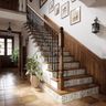 Straight Staircase Design With Wood Treads And Metal Railing