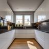 White U Shaped Kitchen Design with Glossy Finish and Granite Top