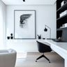 Home Office Design With White Suede Cabinets And Artwork