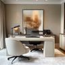 Home Office Design With Cream-Black Chair and Concealed Storage
