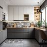 U-Shaped Kitchen Design in Gothic Grey and White with Quartz Countertop