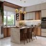 Warm wood and grey Island kitchen with marble island, golden lights, and open shelving