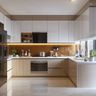 White and Beige U-Shaped Kitchen Design with Quartz Top and High Gloss Finish