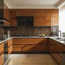U-Shaped Kitchen Design with Quartz Countertops and Dark Marble Backsplash