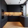 Matte black U-Shaped kitchen with wood backsplash, open shelves, and soft under-cabinet lighting
