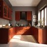 Light red U-Shaped kitchen with glass cabinets, granite countertops, and natural lighting