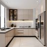 Beige U-Shaped kitchen with marble backsplash, glossy cabinets, and integrated lighting