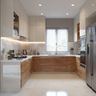 Beige and wood U-shaped kitchen with marble backsplash, glass cabinets