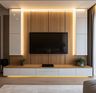 Floor-to-Ceiling TV Unit Design in White and Wood Finish