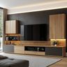 Grey and Walnut TV Unit Design with Storage and Lighting