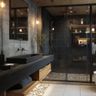 Bathroom Design with Pebble-Stone Shower and Black Vanity