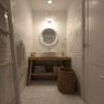 Bathroom Design with White Brick Wall and Wooden Vanity
