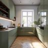 U-Shaped Kitchen Design with Glossy Green Cabinetry