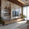 Brown and Cream TV Unit Design With Marble Backdrop