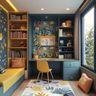 Home office with colorful wallpaper, built-in desk, open shelves, and cozy bench seating