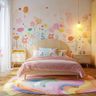 Pastel kids bedroom with floral wall mural, rainbow rug, and soft natural lighting