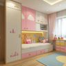 Pink and white kids bedroom with heart motifs, built-in storage, and warm lighting