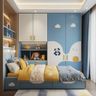 Blue and yellow kids bedroom with cloud motifs, ample storage, and cozy design elements
