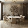 Dining Room Design With Plush Beige Seating and Marble Table