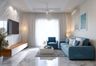 Living Room Design with Blue Sofa and Polished Marble Floors