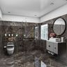 Dark Grey Tiles Bathroom Design Featuring Round Mirror and Floating Vanity