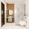 White And Brown Modern Bathroom Design With Beige Vanity Unit, Round Mirror, And Grid-Patterned Partition - Livspace