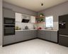 L-Shaped Kitchen Design with Grey and White Cabinets and Terrazzo Flooring